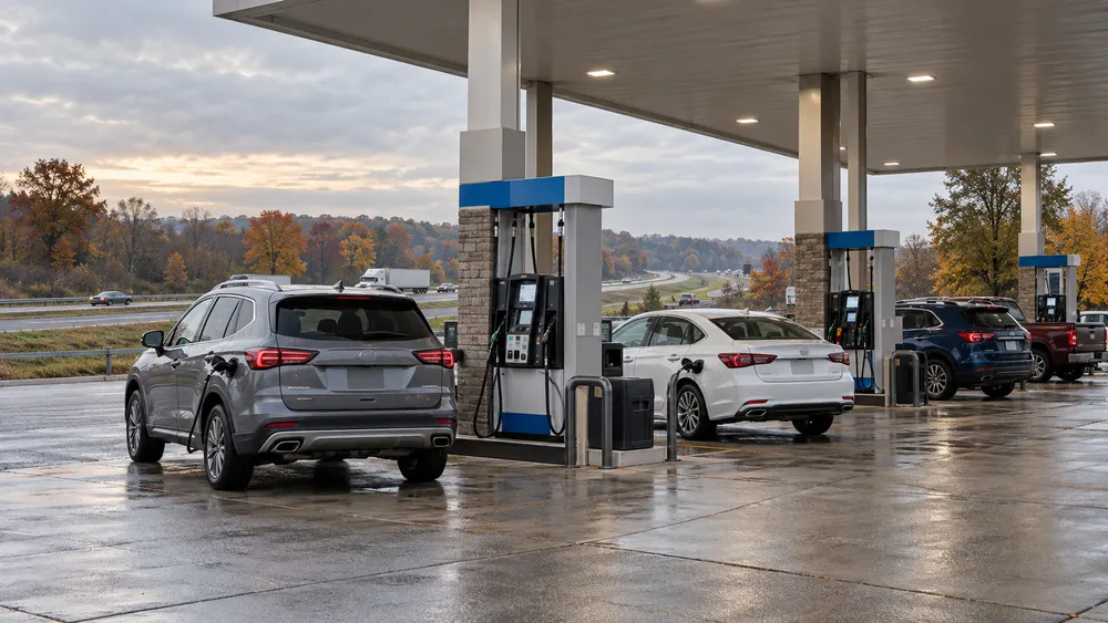 Generic fuel station beside an Ohio highway under overcast morning light.