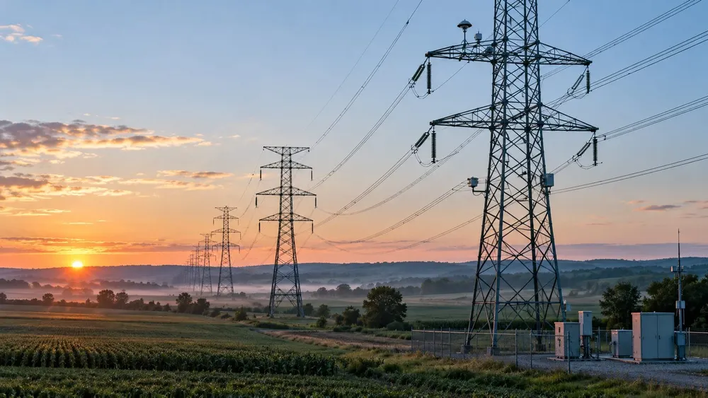 Existing high-voltage transmission lines crossing Ohio farmland at sunrise with modern monitoring equipment beside the corridor