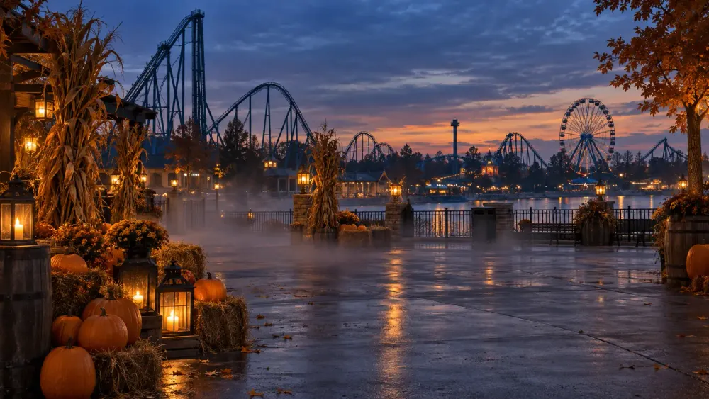 An unoccupied amusement park midway decorated with pumpkins and corn stalks at dusk, with roller coasters and a Ferris wheel across the water.
