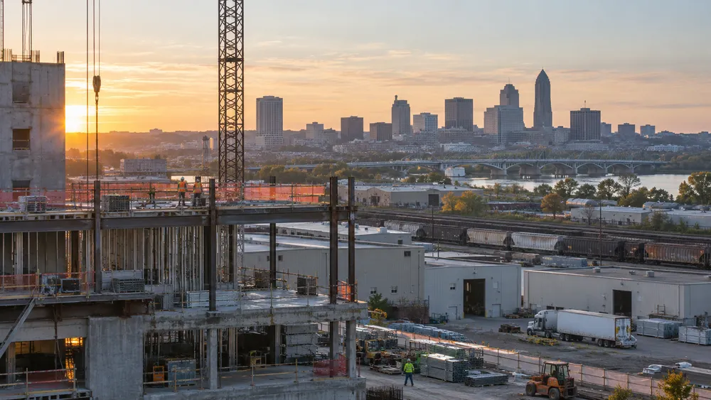 Construction, manufacturing and freight activity near an Ohio city skyline at sunrise