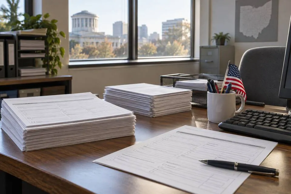 Stacks of generic voter registration forms on an Ohio elections office desk
