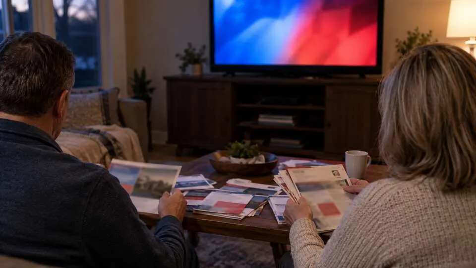 Two anonymous Ohio voters sorting generic campaign mail while watching abstract red and blue television imagery