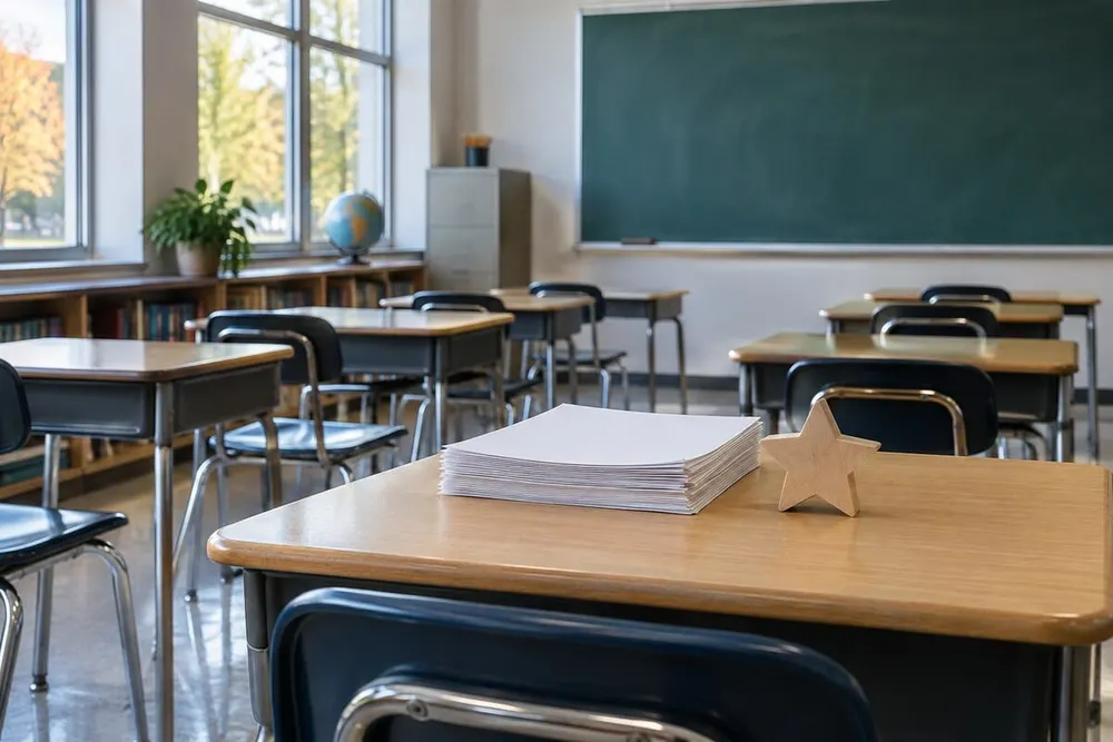 Empty public-school classroom with a stack of papers and a wooden star on a desk