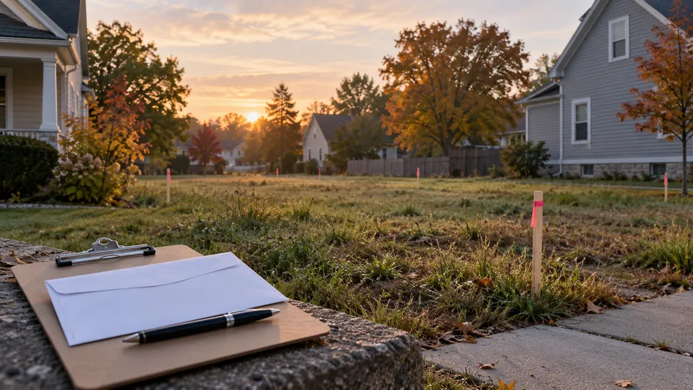 An undeveloped residential lot with survey stakes between modest Ohio homes.