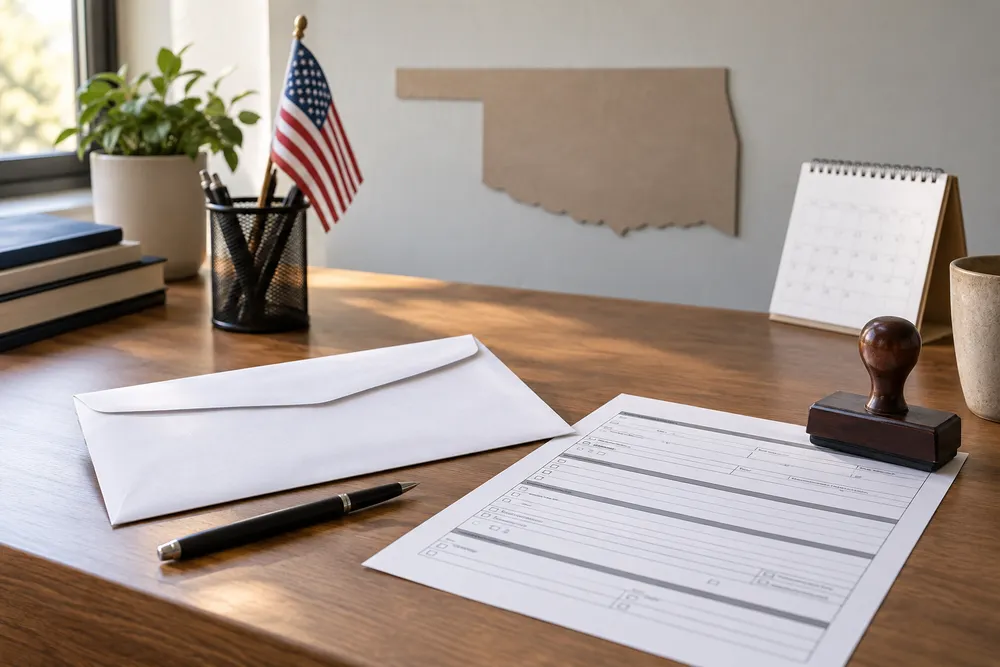 Generic absentee voting and registration materials arranged on an Oklahoma public office desk.