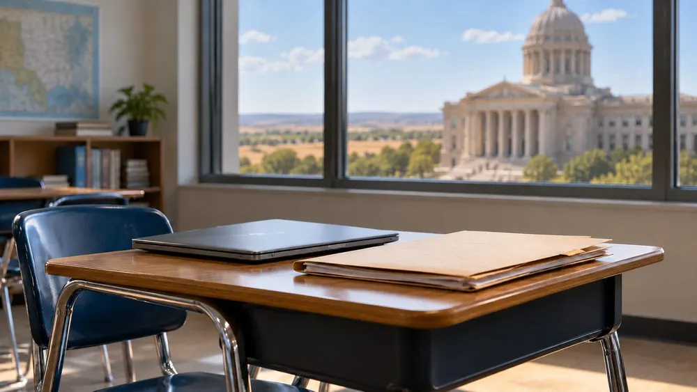 An empty classroom desk with a closed laptop and legal folder, with an Oklahoma courthouse visible through the window