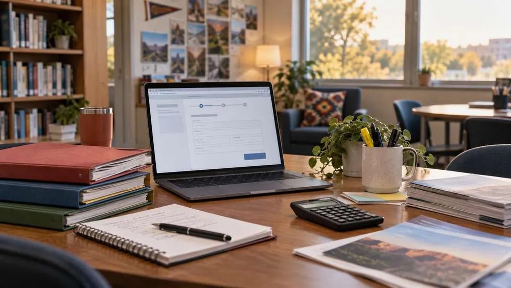 Laptop with a blank college application interface beside folders, a notebook and calculator in a school counseling office