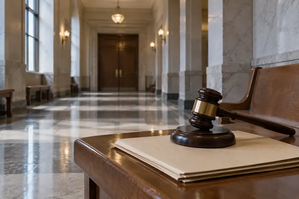 An empty courthouse corridor with closed courtroom doors, a plain case file and a wooden gavel on a foreground bench.