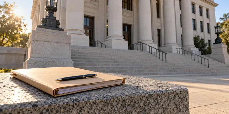 Generic Oklahoma courthouse steps with an unlabeled legal folder and pen