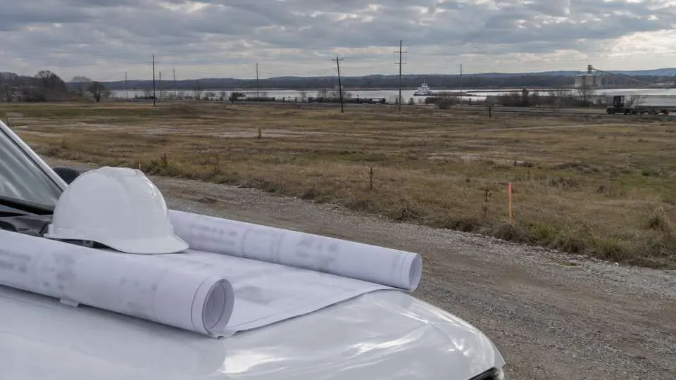Generic undeveloped Oklahoma riverside industrial land viewed past blurred engineering plans and a white hard hat
