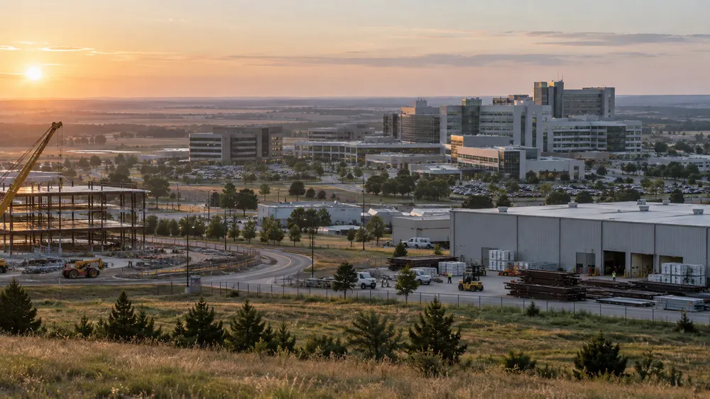 Health services campus, construction site and industrial buildings in an Oklahoma landscape at sunrise