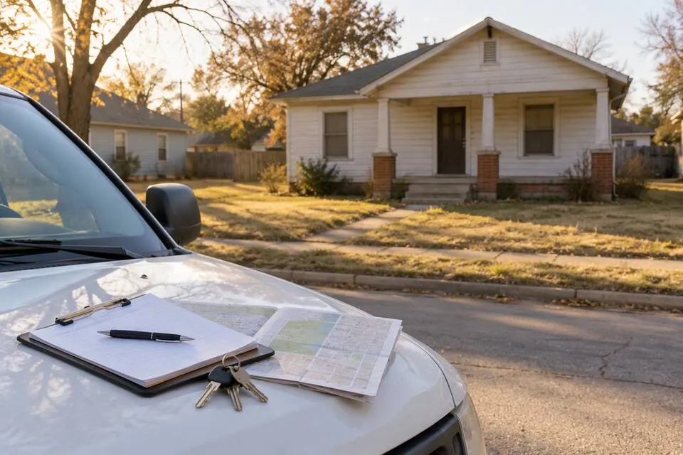 Vacant Oklahoma house viewed from a vehicle holding a property map and clipboard