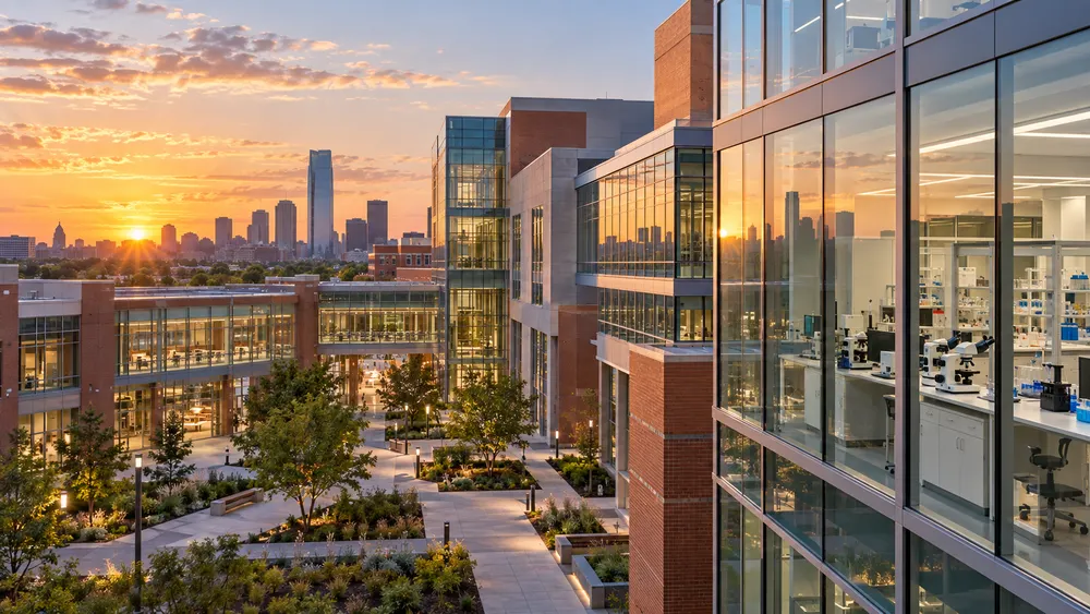 Modern Oklahoma academic medical research campus with laboratory equipment visible through windows.