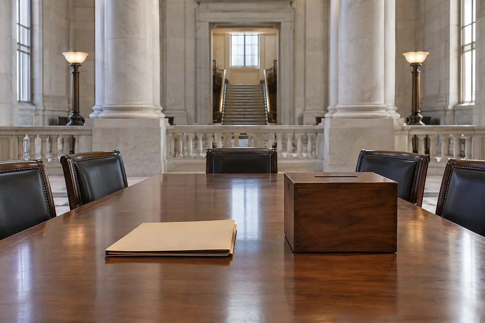 Empty courthouse conference table with a plain folder and unmarked wooden ballot box