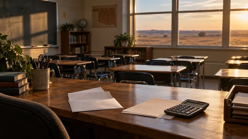 Empty Oklahoma classroom with retirement paperwork and a calculator on a teacher's desk