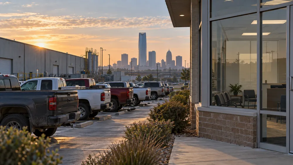 Pickup trucks outside a generic Oklahoma industrial workplace at sunrise, with an empty office and distant city skyline.
