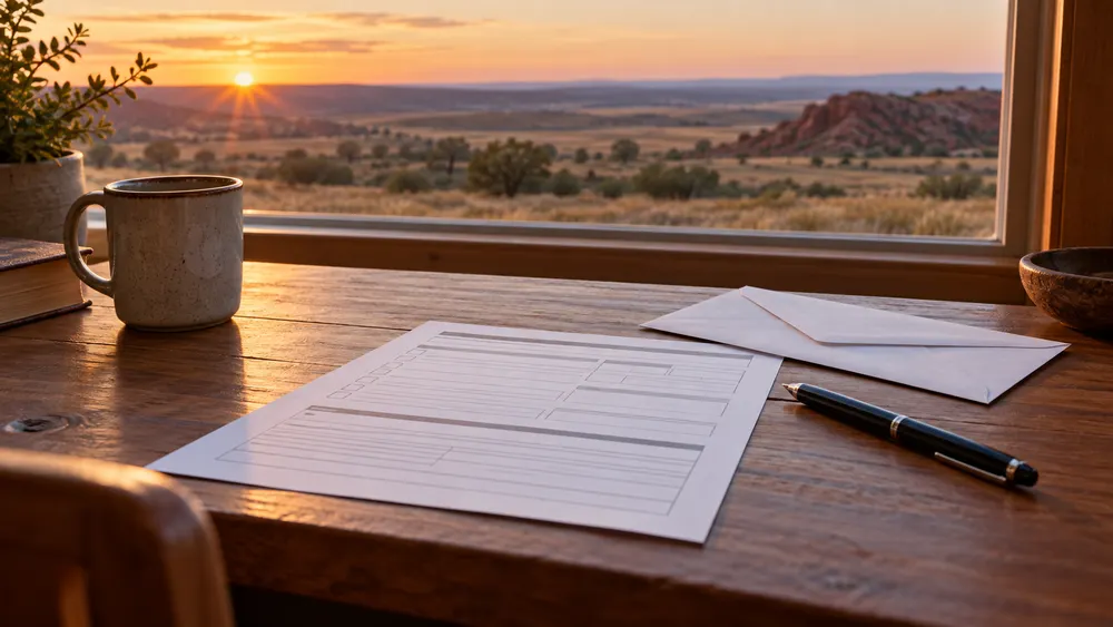 A blank registration form, envelope and pen on a desk overlooking an Oklahoma prairie.