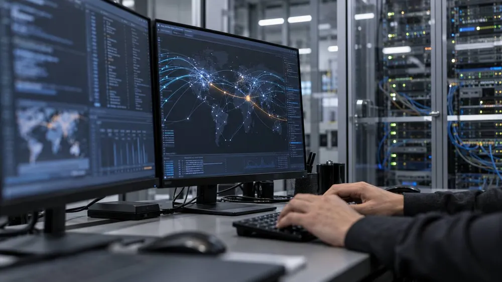 Network engineer monitors abstract traffic routes beside secured server racks