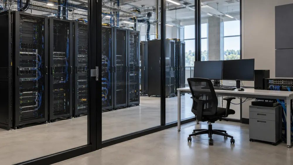 Unbranded AI testing workstation beside secure server racks in neutral daylight