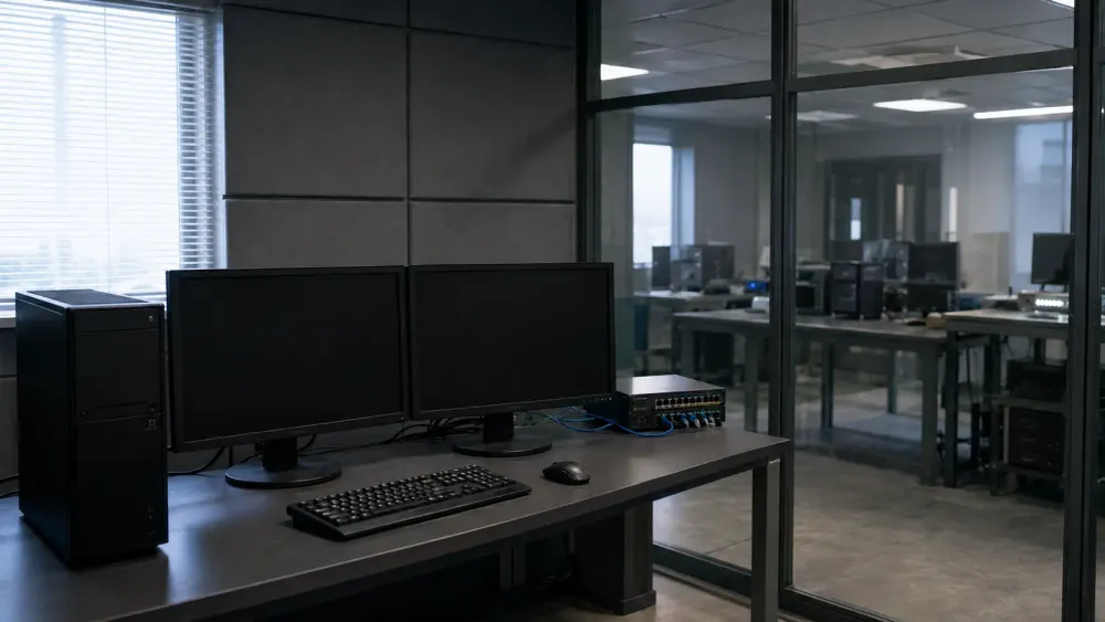 Unbranded cybersecurity research workstation in an isolated testing lab with blank monitors and network hardware