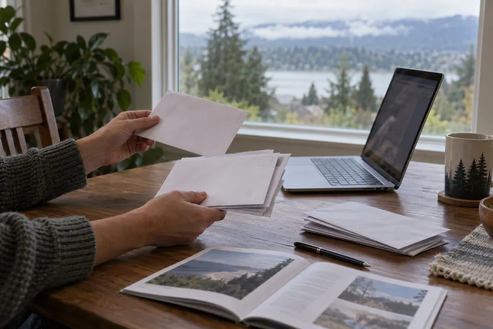 Hands sorting blank election-related envelopes beside a laptop in an Oregon home.