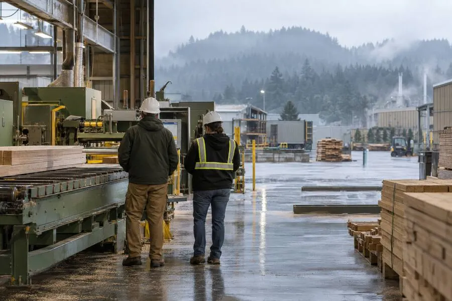 Illustrative view of two workers at an unbranded wood-products facility in Oregon’s rainy industrial landscape