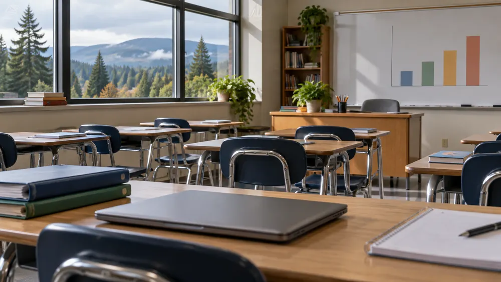 An empty Oregon high school classroom with desks, binders and an unlabeled progress chart in soft Pacific Northwest light.