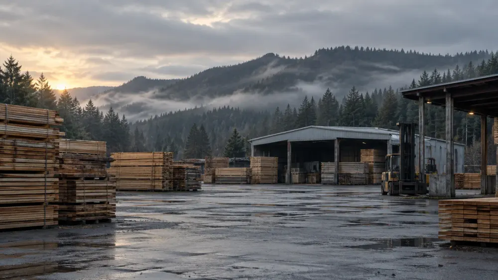 Quiet lumber yard beneath misty evergreen hills in Oregon at dawn