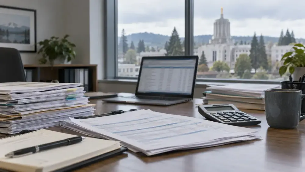 Generic office desk with benefit forms, calculator and a blurred spreadsheet on a laptop