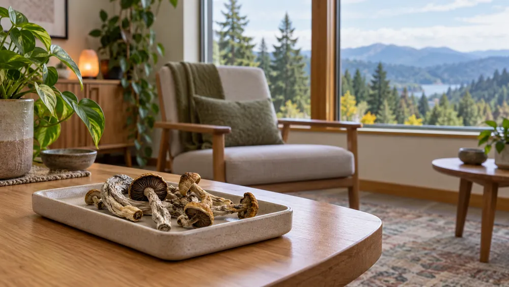 An unoccupied clinical consultation room with dried mushroom specimens on a tray and an Oregon forest visible through the window.