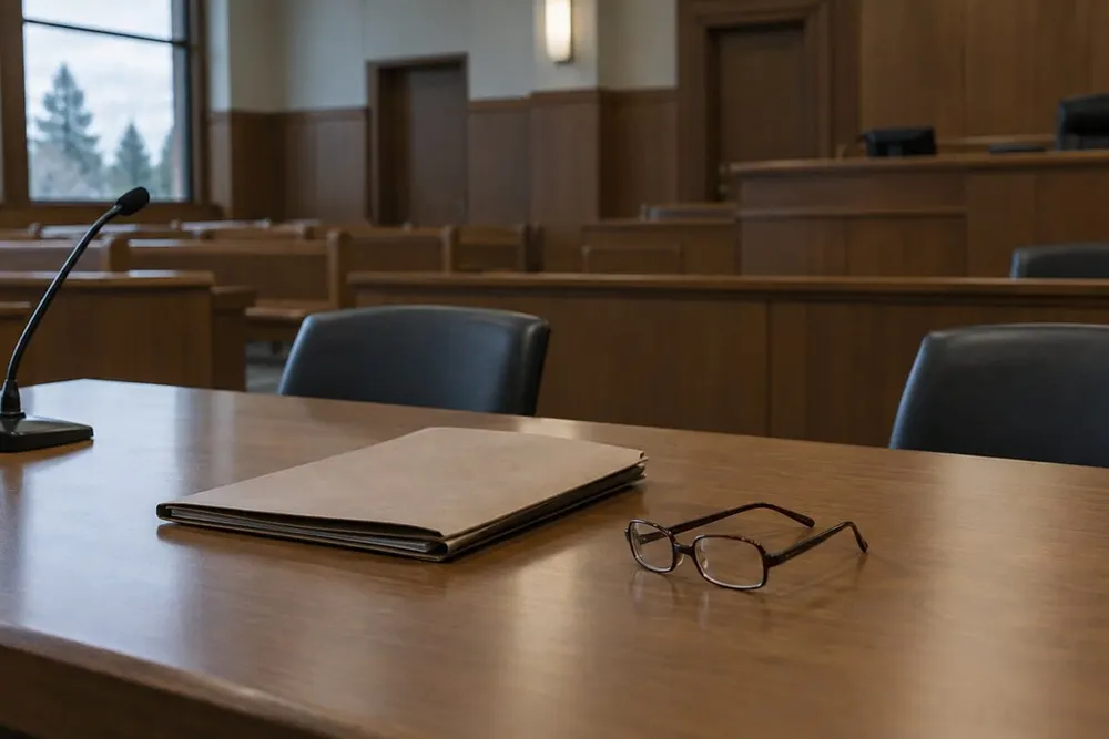 An empty counsel table with a closed case folder and reading glasses in a quiet courtroom.