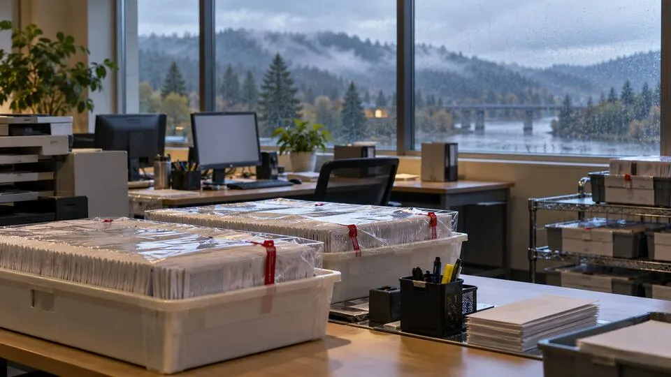 Sealed ballot trays in a quiet Oregon elections office with rain on the windows