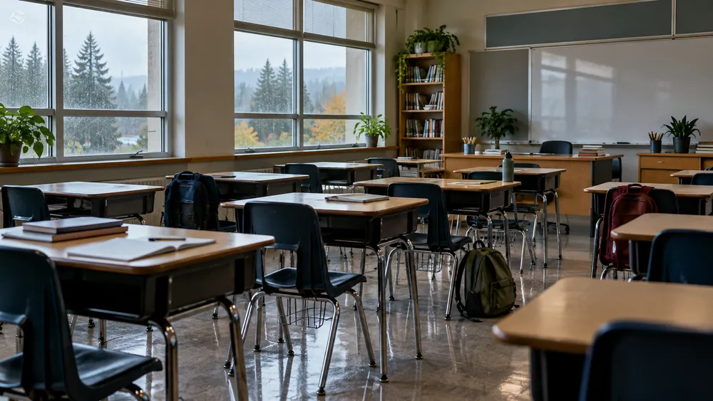 AI-generated editorial image of a quiet Oregon classroom in soft morning light, illustrating school attendance.