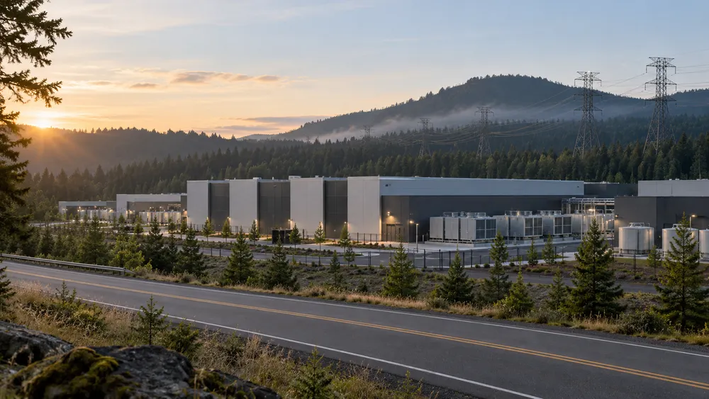 Modern data center buildings beside utility lines and evergreen hills in Oregon