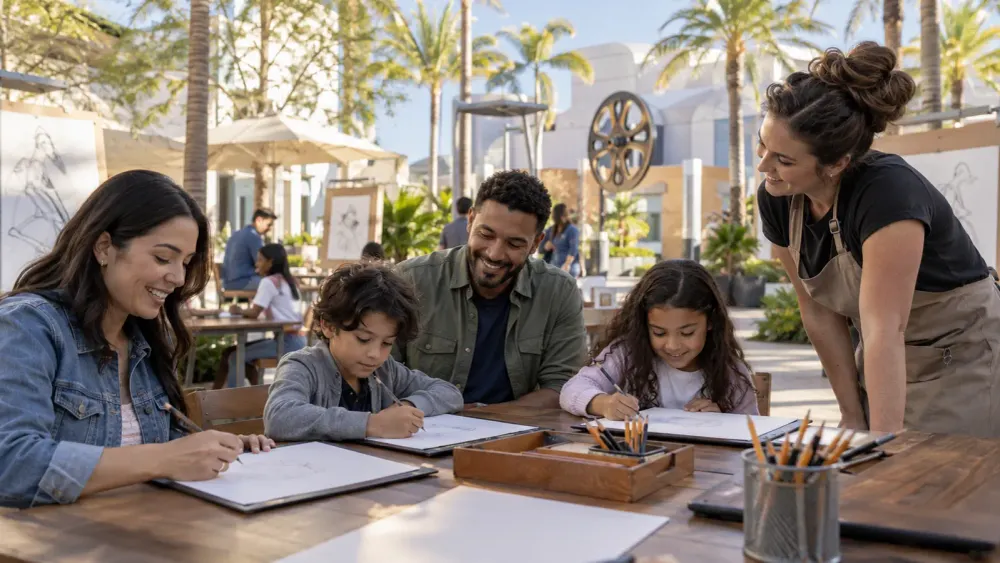A family sketches together at an outdoor animation workshop in a generic palm-lined theme park courtyard.