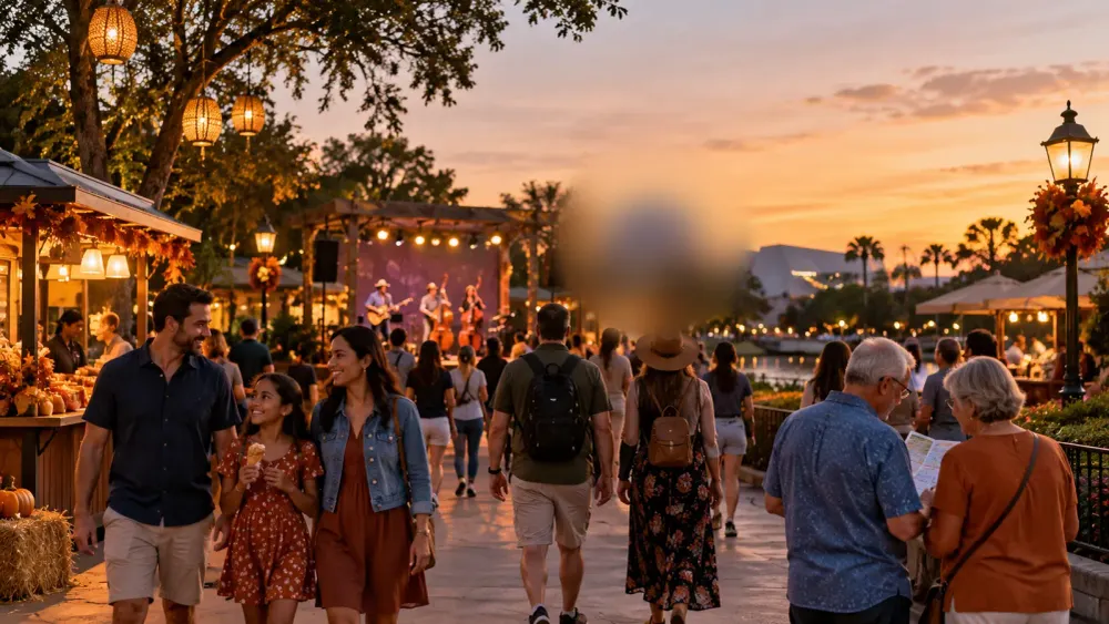 Illustrative evening scene of families walking through a generic Central Florida theme park during a fall cultural festival