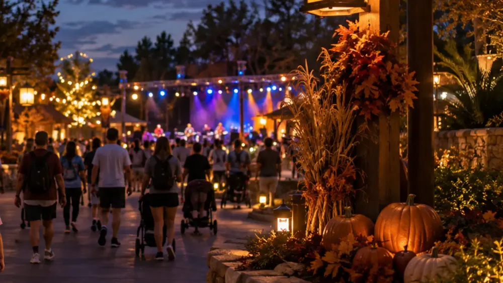 A generic Central Florida theme-park promenade with autumn decorations and a distant outdoor concert at twilight