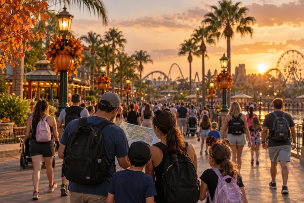 Families reviewing a park map on a generic Central Florida theme-park promenade decorated for autumn at sunset