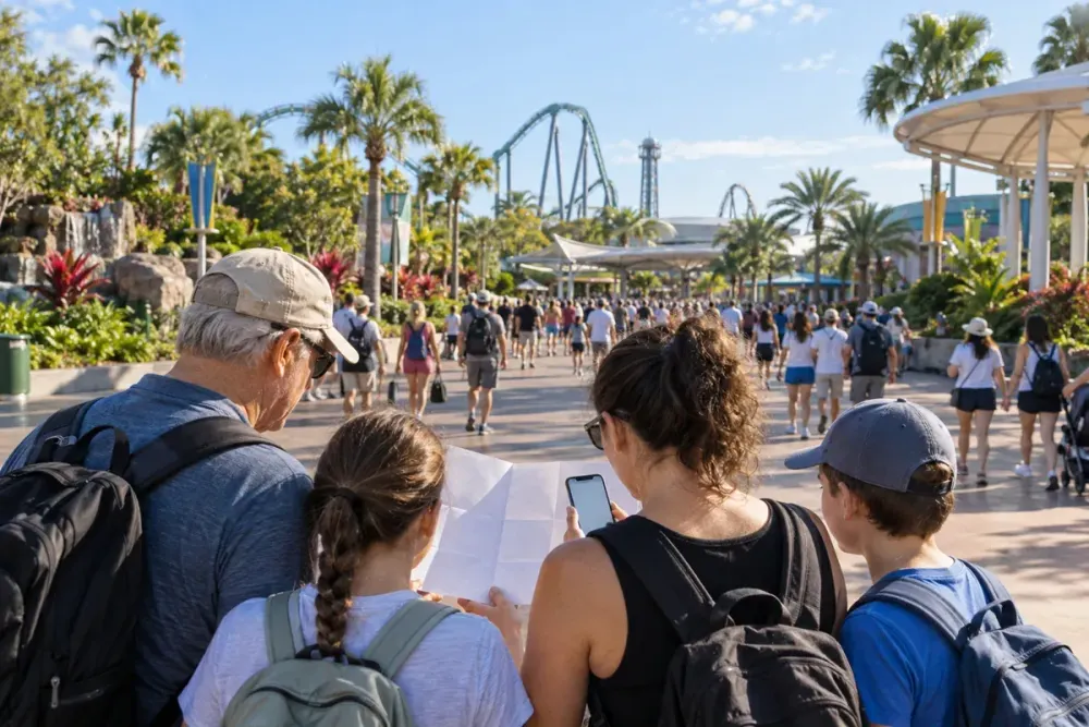 A family reviews a blank park map and phone while entering a generic Central Florida theme park on a sunny morning.