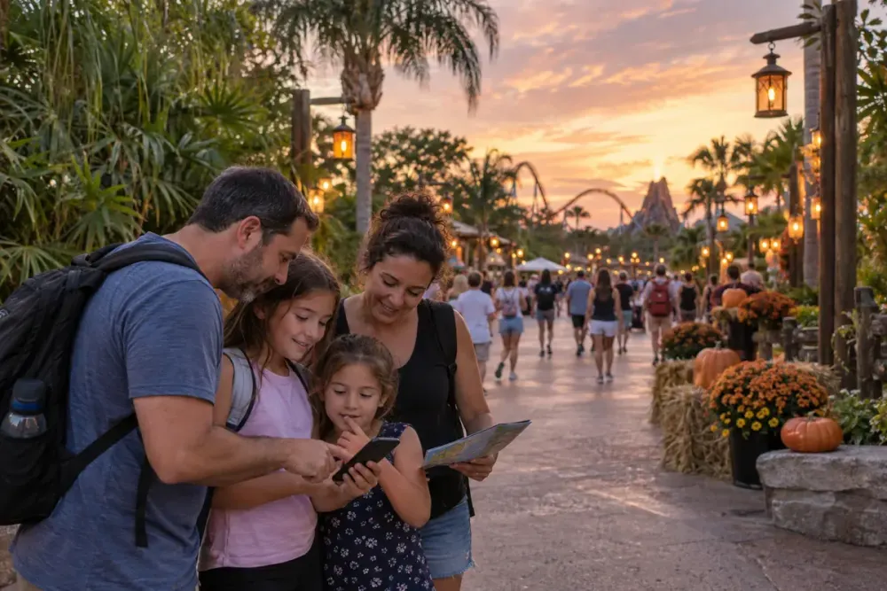 Illustration of a family checking evening plans on a fall-decorated Central Florida theme-park promenade