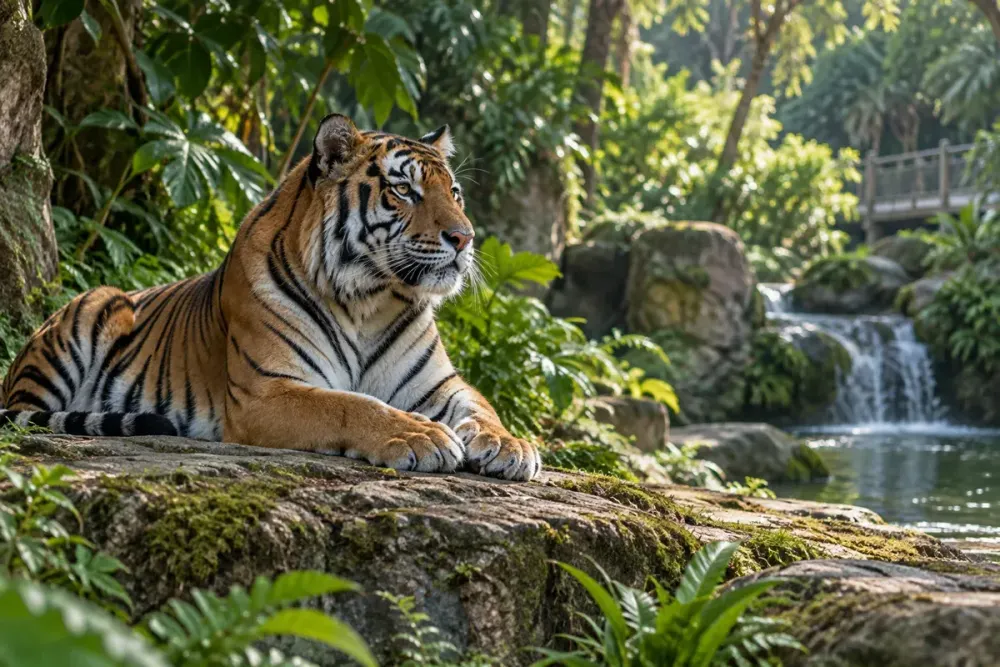 AI-generated editorial image of a Sumatran tiger resting in a lush, generic tropical habitat.