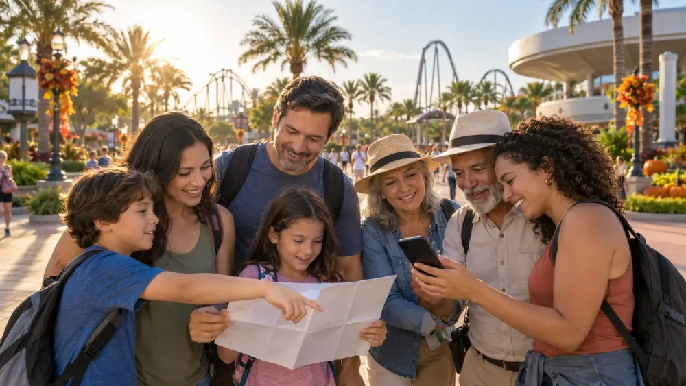 A multigenerational family reviews a blank itinerary and phone at a generic palm-lined Central Florida theme park decorated for fall.