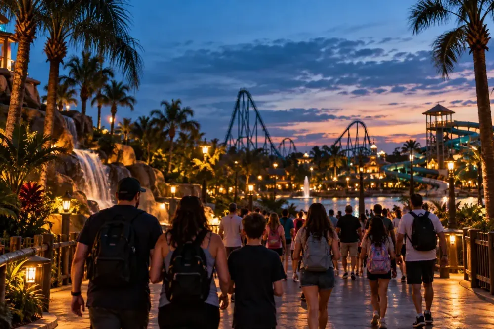 Visitors walking through a generic Central Florida theme-park setting at dusk, with palms, water features and distant rides