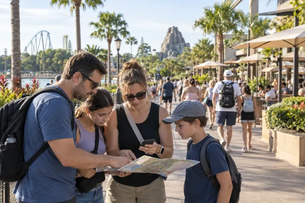 Illustration of a family reviewing a park map and phone on an unbranded Central Florida resort promenade