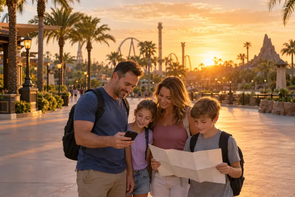 AI-generated editorial image of a family reviewing a phone and blank park map on a generic Central Florida theme-park promenade at sunrise.