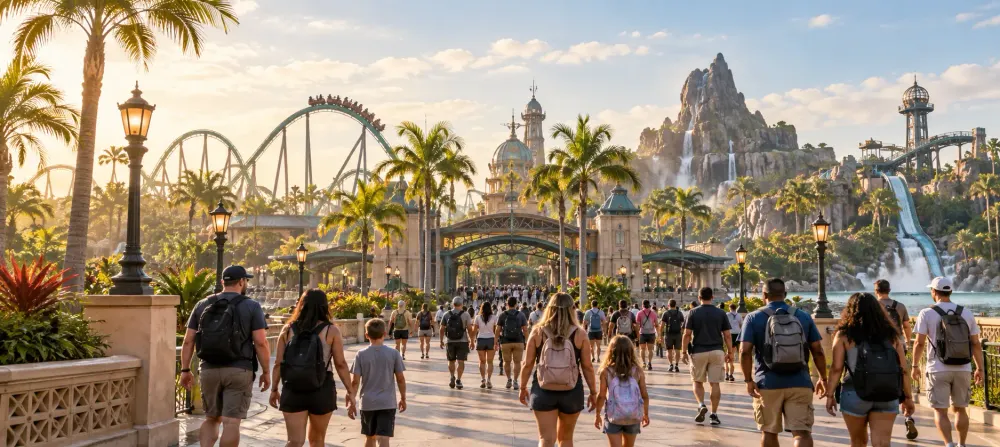 Visitors walk toward a generic Central Florida theme park in warm morning light