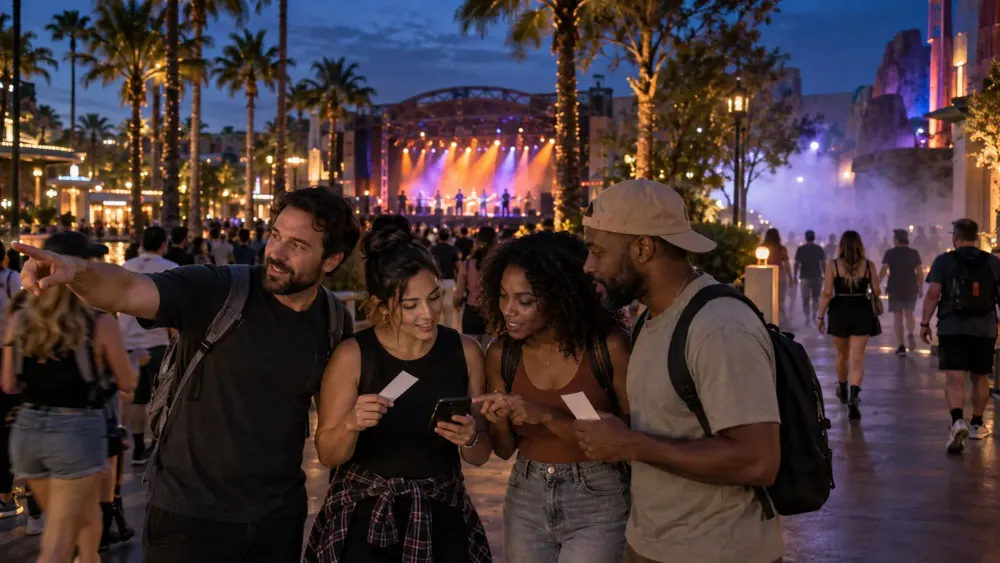 Four visitors review a phone schedule at a generic Central Florida nighttime theme-park event with a concert stage and theatrical fog.