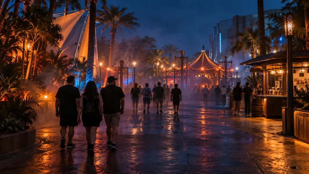 Visitors walk through a generic palm-lined Florida theme park promenade during a foggy seasonal nighttime event.