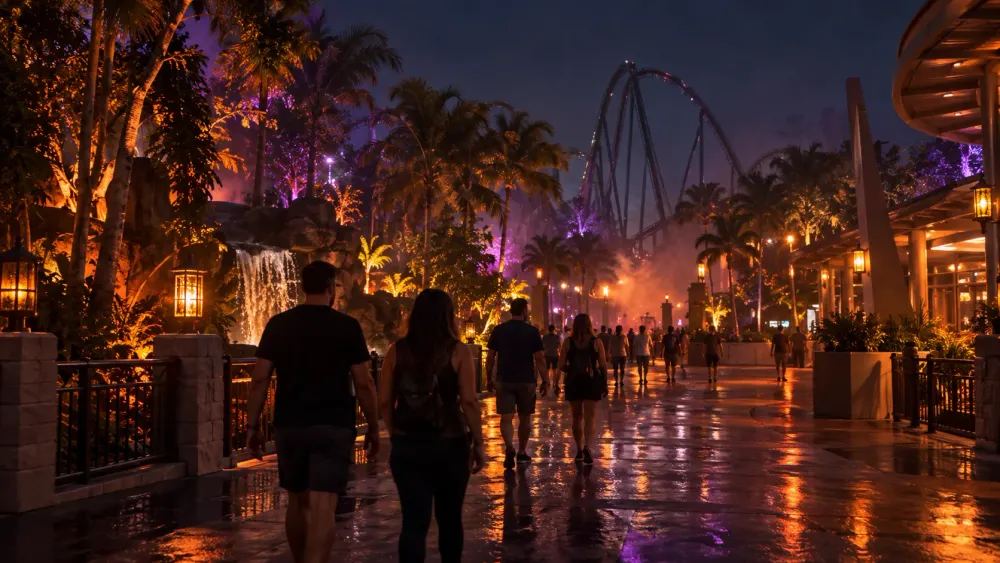 Visitors walk through a rain-slicked Central Florida theme park promenade at night under amber and violet lights.