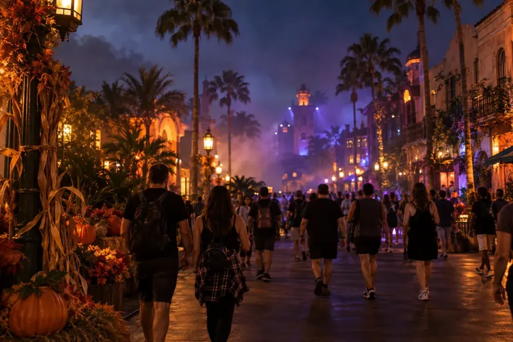 Generic Central Florida theme park boulevard at night with autumn lighting, palm trees and visitors